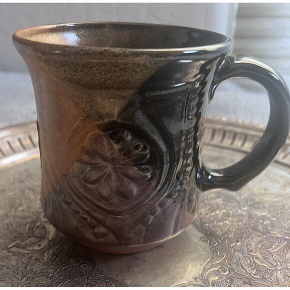Rare Vintage Pottery Craft USA Large Coffee Mug 3D Flower Brown Black Glazed Cup - Picture 1 of 7